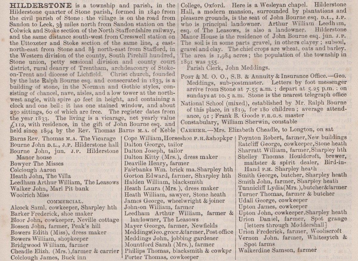 Hilderstone in Kelly's 1896 Directory