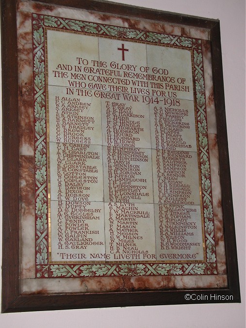 The 1914-18 War Memorial Plaque on the wall in Christ Church.
