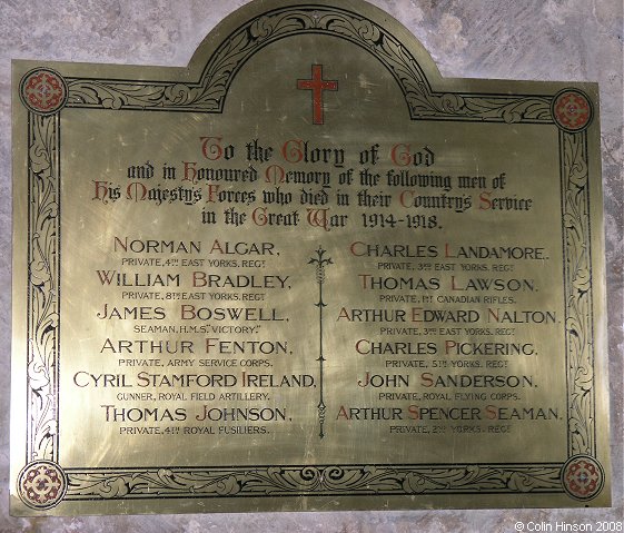 The 1914-18 Memorial Plaque in Lockington Church.