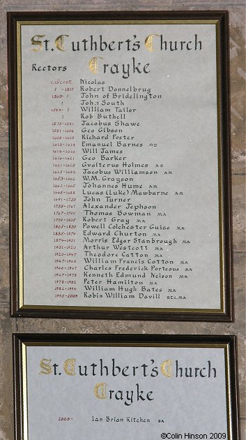 The List of Incumbents in St. Cuthbert's Church, Crayke.