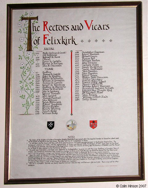The List of Rectors and Vicars of St. Felix's Church, Felixkirk.
