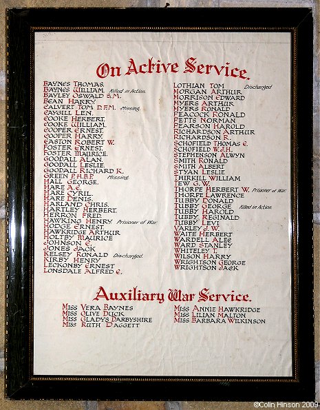 The World War II Roll of Honour in All Saints Church, Kirby Hill.