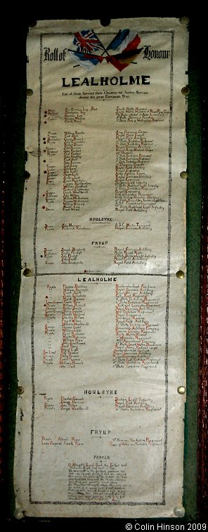 The World War I Roll of Honour in St. James's Church, Lealholme.