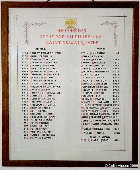 The list of Rectors and Vicars in St. Oswald's Church, Lythe.