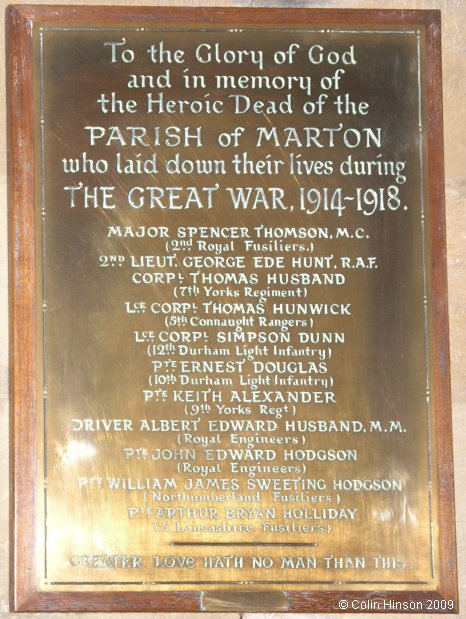 The World War I Memorial plaque in St. Cuthbert's Church, Marton.