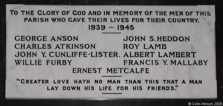 The World War II Memorial plaque in St. Mary's Church, Masham.