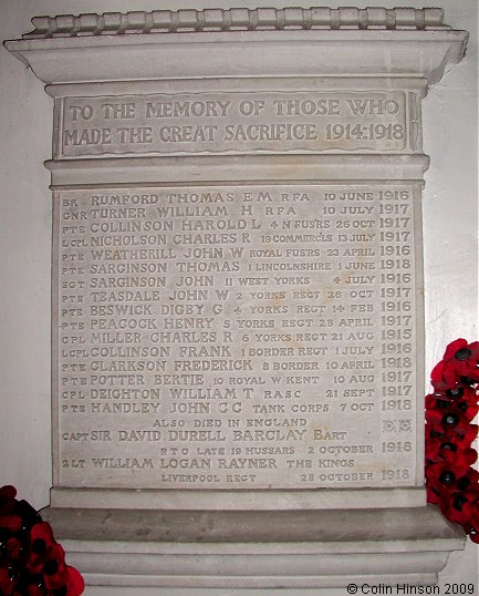 The World War I memorial plaque in St. Akelda's Church, Middleham.
