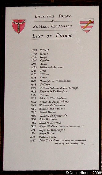 The list of Priors - on the wall inside St Marys Priory Church, Old Malton.