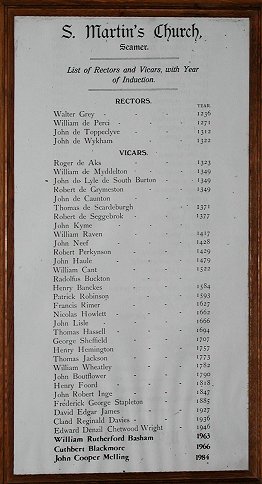 The List of Rectors and Vicars in St. Martin's Church, Seamer.