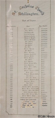 The List of Vicars in St. Nicholas's Church, Stillington.