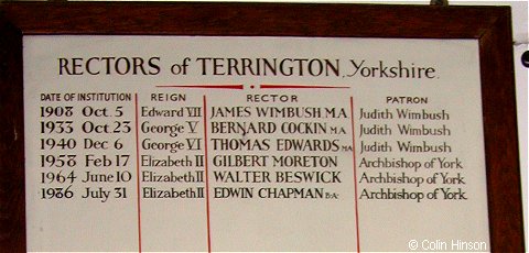 The List of Rectors in All Saints Church, Terrington.