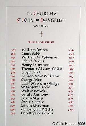 The list of Priests of the Parish in St. John's Church, Welburn.