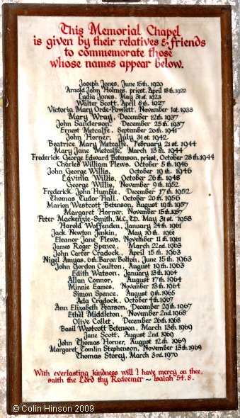 The Memorial Chapel Plaque in Holy Trinity Church, Wensley.