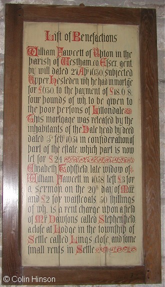The list of Benefactions to the parish; on the wall in the church.