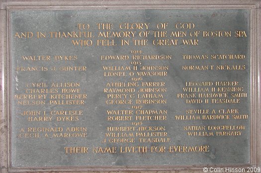 The World War I Memorial Plaque in St. Mary's Church, Boston Spa.