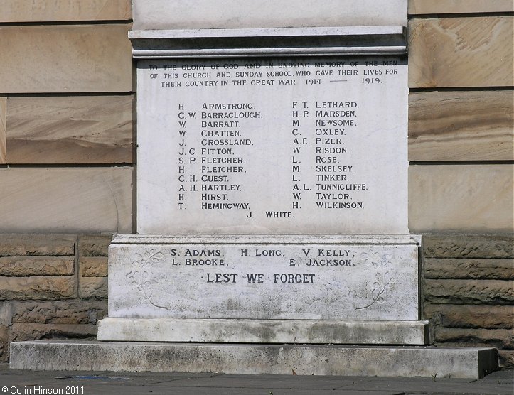 The World War I memorial on the wall of the Central Methodist Church, Dewsbury.