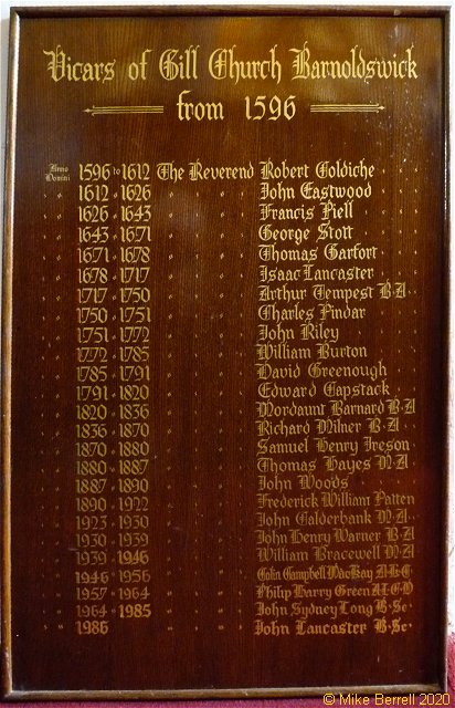 The List of Vicars of Gill Church, Barnoldswick.