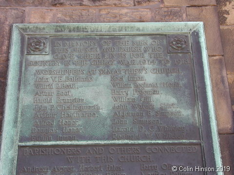 The War Memorial Plaque on the wall of St. Mathew's Church, Sheffield.