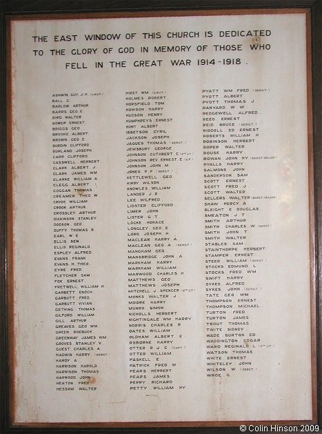 The World War I Memorial Plaque in All Saints Church, Wath upon Dearne.