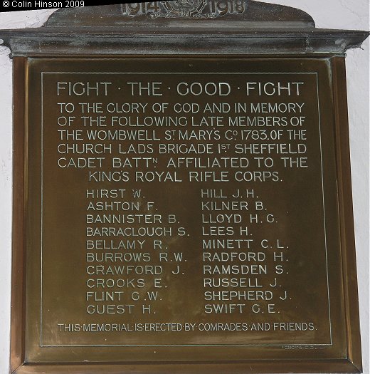 The World War I Memorial Plaque to the late members of Church Lads Brigade, in St. Mary's Church, Wombwell.