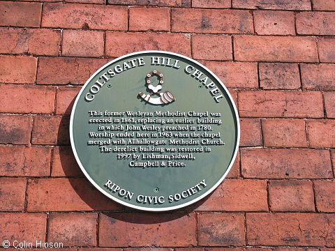 The plaque on the wall of Coltsgate Hill Chapel, Ripon