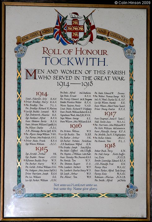 The World War I Roll of Honour in the Church of the Epiphany, Tockwith.