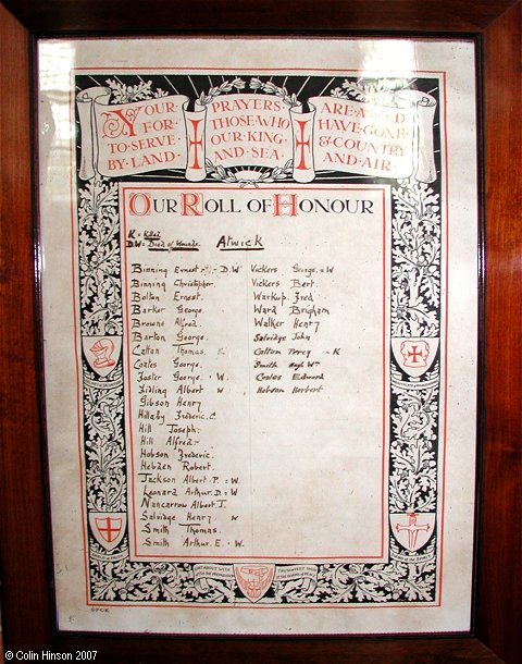 The Roll of Honour in St. Lawrence's Church, Atwick.