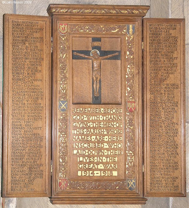 The World War I Memorial Plaque in St. Mary's Church, Beverley.