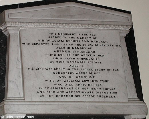 The Monumental Inscription for Sir William, Arthur, and Caroline Strickland in St. Andrew's Church, Boynton.