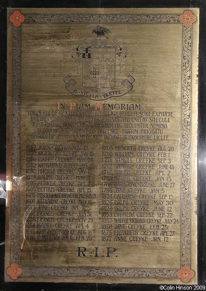 The List of Creyke Family dates in Priory Church, Bridlington.