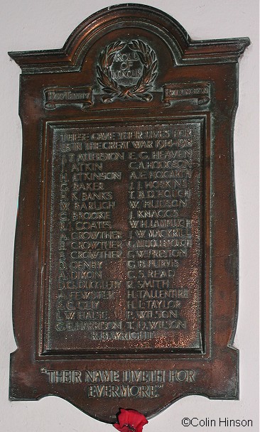 The 1914-18 War Memorial Plaque on the wall in Trinity Church.