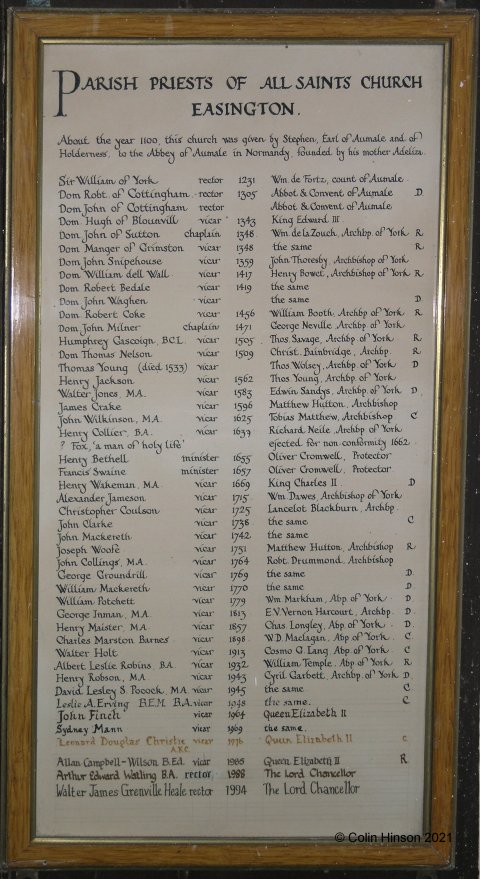 The List of Parish Priests in Easington church.