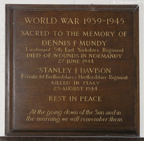 The Second World War memorial plaque in St. Martin's Church, Hayton.