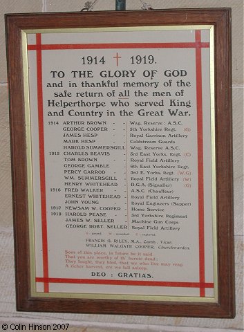 The Roll of Honour in St. Peter's Church, Helperthorpe.
