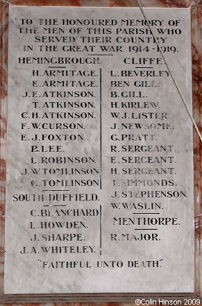 The World War I Memorial Plaque in St. Mary's Church, Hemingbrough.