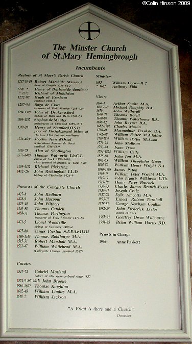The List of Incumbents in St. Mary's Church, Hemingbrough.