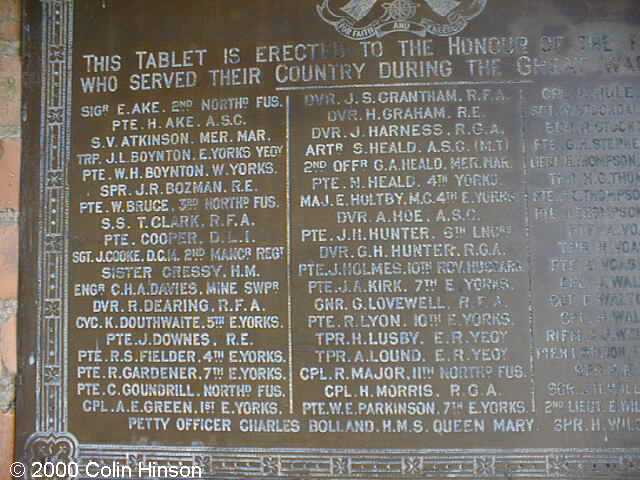 The 1914-1918 Memorial Plaque in Old Ellerby Church.