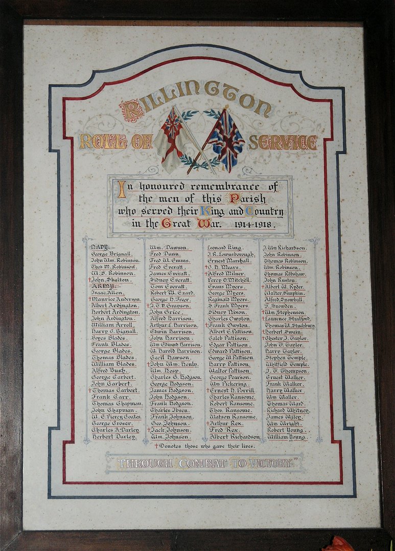 The 1914-18 Memorial Plaque in the Church at Rillington.