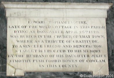 The Memorial to Edward Topham Esq. in All Saints Church, Thwing.