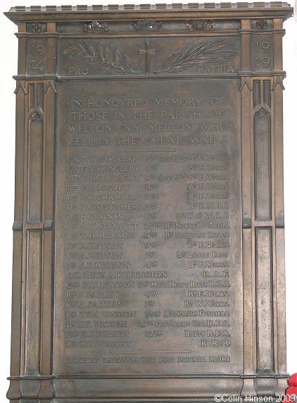 The World War I Memorial Plaque in St. Helen's Church, Welton.