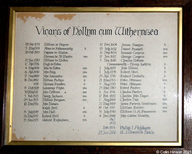 The List of Vicars in Withernsea church.
