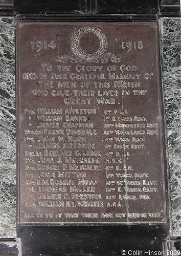 The World War I Memorial Plaque in St. Oswald's Church, Askrigg.