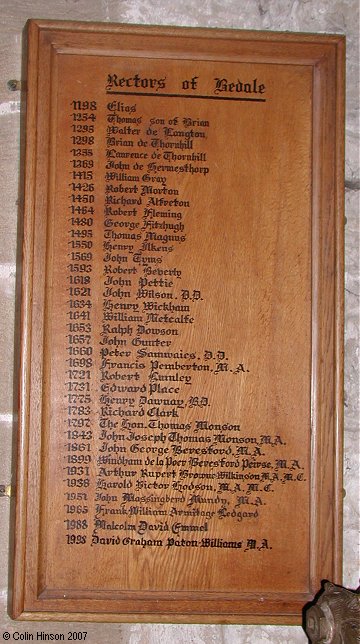 The List of Rectors in St. Gregory's Church, Bedale.