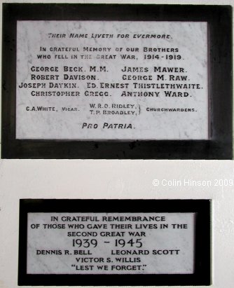 The World War I & II memorial plaques in St. John's Church, Bellerby.