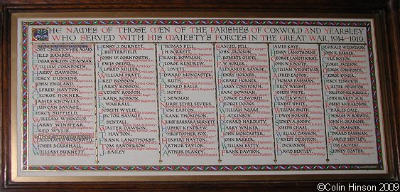 The World War I Memorial Plaque in St. Michael's Church, Coxwold.