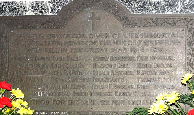 The World War I Memorial Plaque in St. Hilda's Church, Danby.