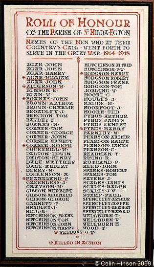 The World War I Roll of Honour in St. Hilda's Church, Egton.