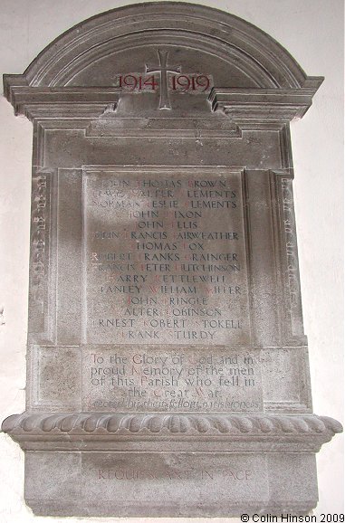 The World War I memorial plaque in St. Felix's Church, Felixkirk.