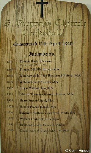 The list of incumbents in St. Gregory's Church, Great Crakehall.