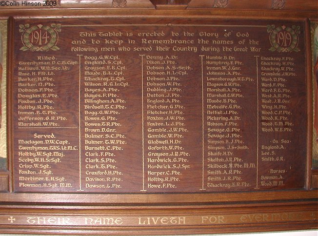 The World War I Roll of Honour in St. Laurence's Church, Kirby Misperton.